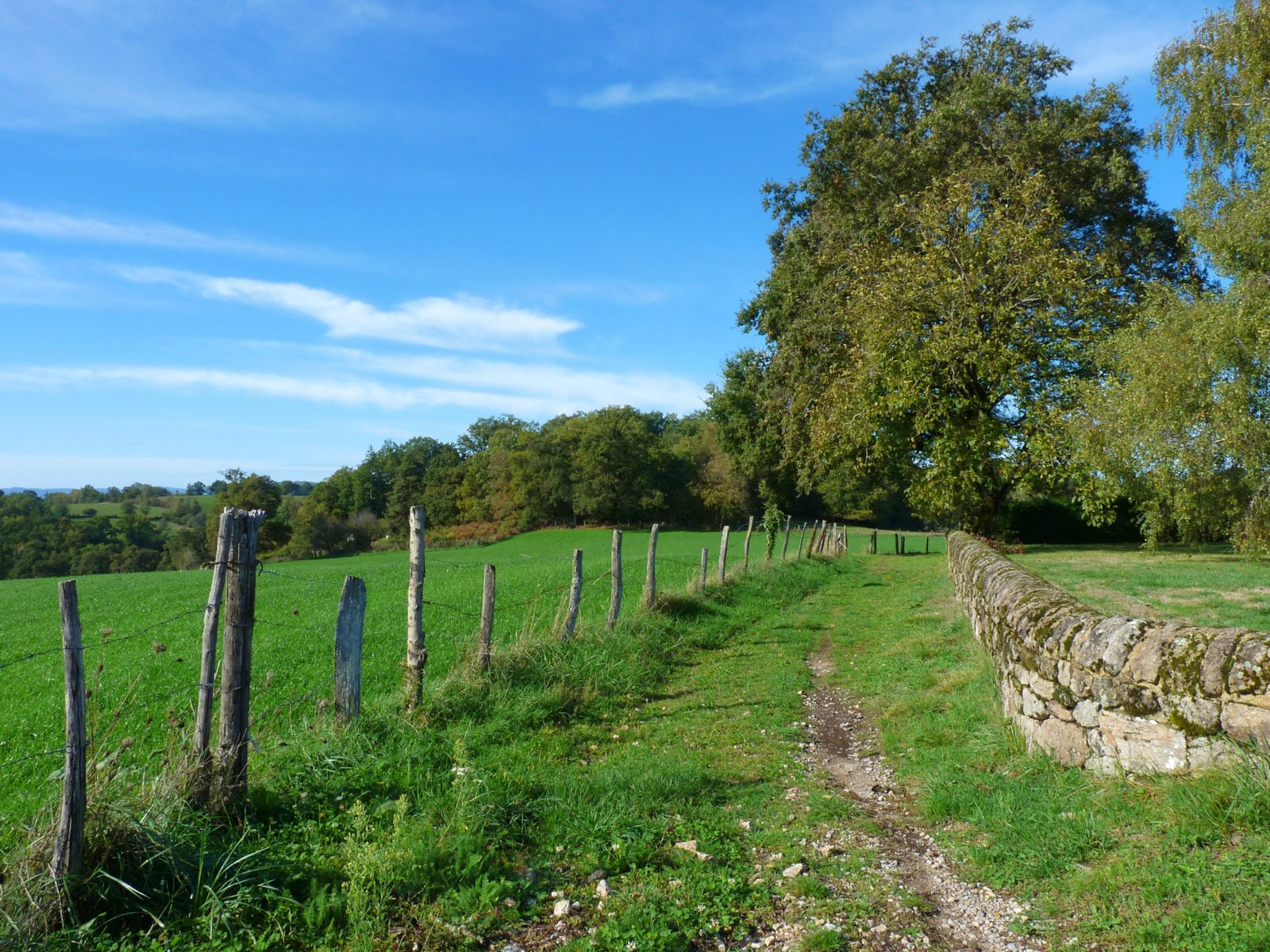 Chemin de campagne longeant une clôture et un mur de pierre marquant la limite entre deux parcelles