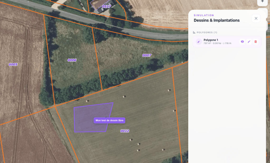 Tracé d une zone libre sur une parcelle cadastrale avec calcul automatique de la surface en m² et hectares