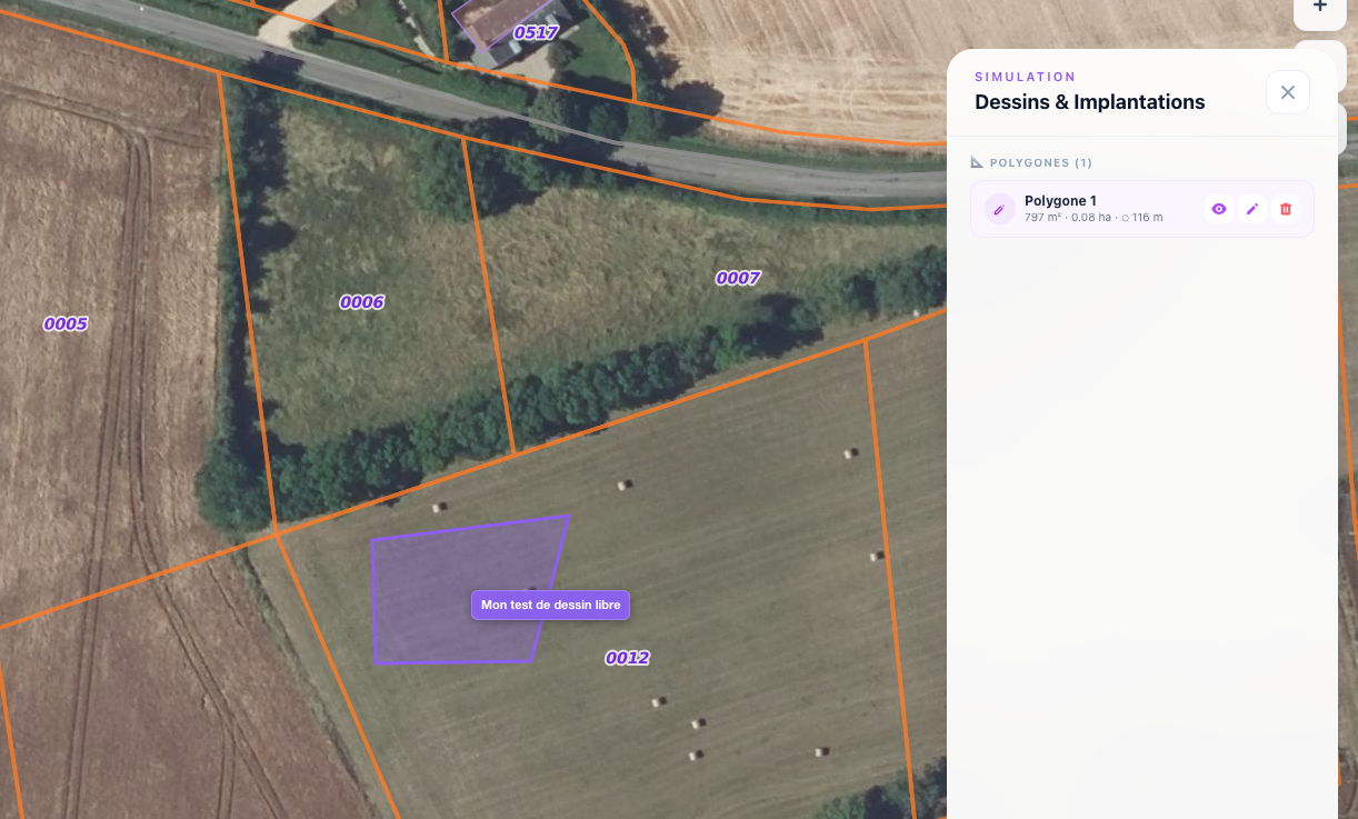 Tracé d'une zone libre sur une parcelle cadastrale avec calcul automatique de la surface en m² et hectares