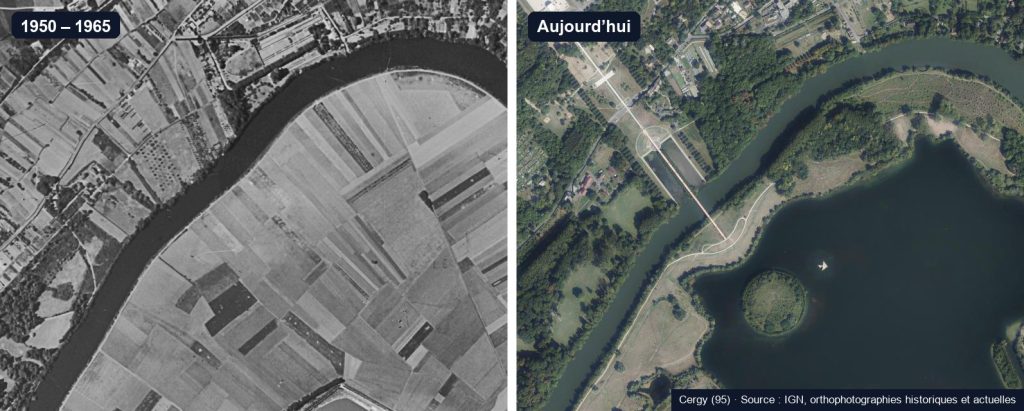 Comparaison de photos aériennes à Cergy : parcelles agricoles au bord de l'Oise entre 1950 et 1965, grand plan d'eau aujourd'hui
