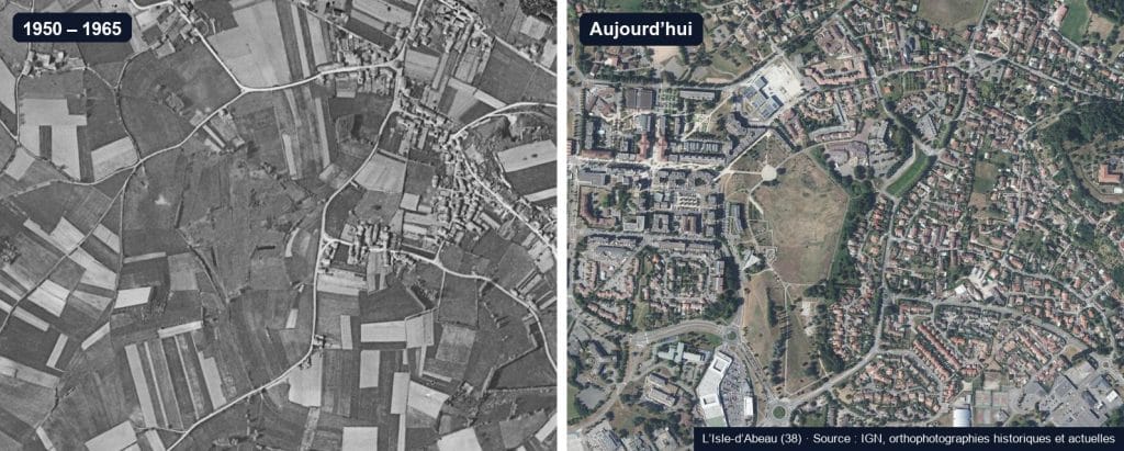 Comparaison de photos aériennes de L'Isle-d'Abeau : village entouré de champs en lanières entre 1950 et 1965, ville aujourd'hui