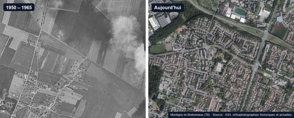 Comparaison de photos aériennes de Montigny-le-Bretonneux : champs et hameau entre 1950 et 1965, quartier résidentiel aujourd'hui