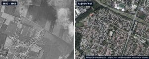 Comparaison de photos aériennes de Montigny-le-Bretonneux : champs et hameau entre 1950 et 1965, quartier résidentiel aujourd'hui