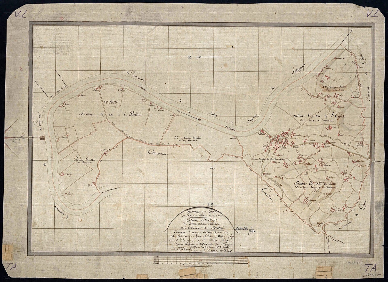 Tableau d’assemblage d’un plan cadastral de 1813, découpé en sections A, B et C